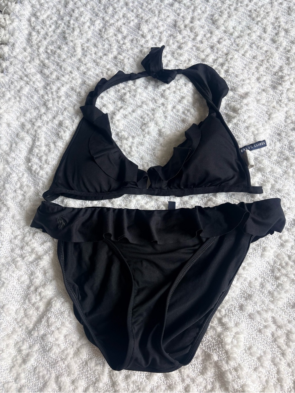 Ralph Lauren Black Bikini Top Size Small Bottoms Size Medium Ruffle Beachwear